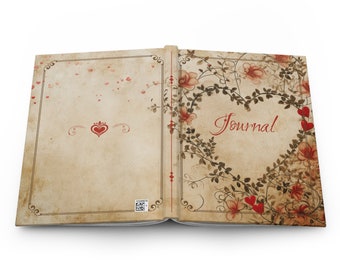 Corazones, amor, corazones y enredaderas, diario de estilo victoriano, cuaderno, regalo para ella, regalo, diario de tapa dura mate