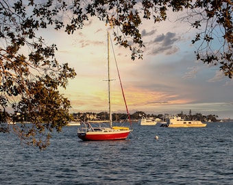 Panoramic of Sunset from Bayfront Park with Boats, Sarasota Florida