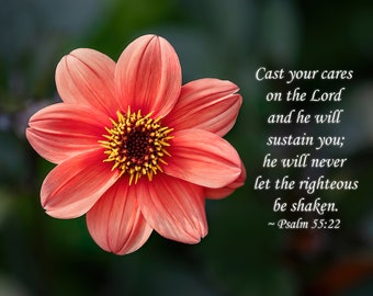 Square Image with Psalm 55:22 Bible Verse and Orange Dahlia Flower