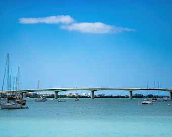 Panoramic of Daytime View of John Ringling Causeway Bridge With Teal Waters, Sarasota Florida