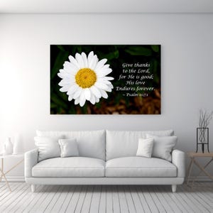 Może przedstawiać: Biała stokrotka z ż&oacute;łtym środkiem na ciemnym tle. Obraz zawiera tekst "Give thanks to the Lord, for He is good; His love Endures forever. - Psalm 107:1"