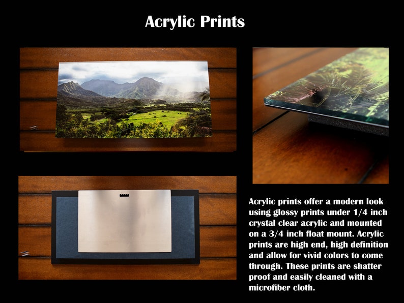 Może przedstawiać: Zbliżenie na zdjęcie krajobrazu wydrukowane na przezroczystym panelu akrylowym. Panel jest zamontowany na pływającym podkładzie o grubości 1,9 cm. Obraz przedstawia bujną zieloną dolinę z g&oacute;rami w tle. Tekst "Acrylic Prints" jest widoczny w g&oacute;rnej części obrazu.