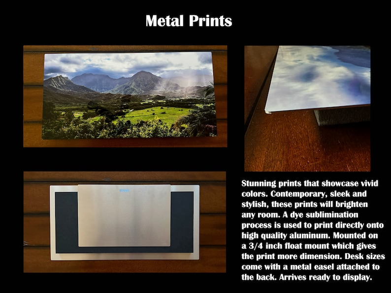 Może przedstawiać: Metalowe wydruki prezentujące żywe kolory. Nowoczesne, eleganckie i stylowe, te wydruki rozświetlą każde pomieszczenie. Do drukowania bezpośrednio na wysokiej jakości aluminium stosuje się proces sublimacji barwnik&oacute;w. Zamontowane na 3/4-calowym montażu pływającym, co nadaje wydrukowi większą głębię. Rozmiary biurkowe są wyposażone w metalowy sztalugę przymocowaną do tyłu. Dostarczane gotowe do wyeksponowania.