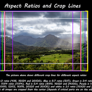 Może przedstawiać: Diagram przedstawiający r&oacute;żne proporcje i linie kadrowania dla obraz&oacute;w. Obraz przedstawia krajobraz z g&oacute;rami i polem. Proporcje są oznaczone odpowiadającymi im wymiarami, np. 4x6, 16x24 i 20x30.