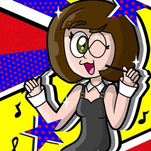 May include: A cartoon illustration of a woman with brown hair wearing a black dress and white gloves, singing with a microphone. The background is a yellow and red comic book style pattern with stars and musical notes.