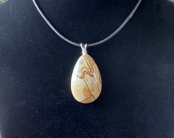 Picture Jasper Teardrop Pendant: Silver Wire Wrapped Gemstone Necklace