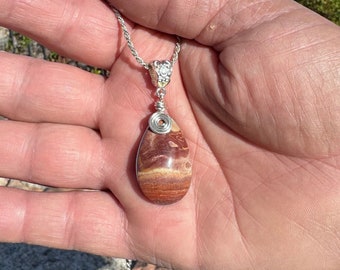Handcrafted Nevada Wonderstone Pendant: Teardrop Rhyolite Silver Wire Necklace
