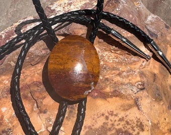 Può includere: Una cravatta a bolo con una pietra ovale lucida nei toni del marrone e del beige. È appesa a un cordino in pelle intrecciata nera con punte in metallo argentato. La cravatta è presentata su una superficie marrone strutturata.