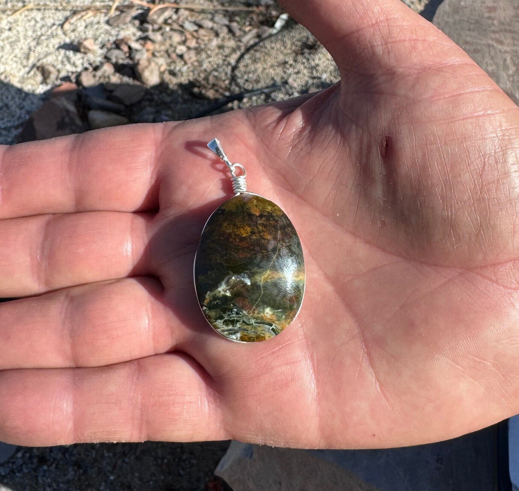 Handcrafted Jasper Agate Necklace, Grooved and Silver Wire Wrapped Pendant, Unique Handmade Oval Pendant