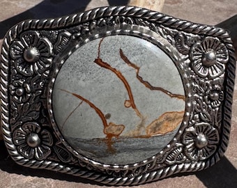 Fibbia per cintura western Owyhee Picture Jasper: placcata in argento
