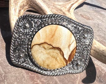 Hebilla de cinturón estilo western con jaspe pictórico: peltre plateado