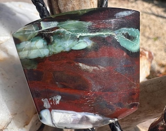 Purple Cow Jasper Bolo Tie: Black Leather Cord, Silver Tips