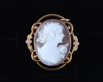 Vintage Right Facing Shell Cameo with Black Hills Gold Setting Pendant Brooch Pin