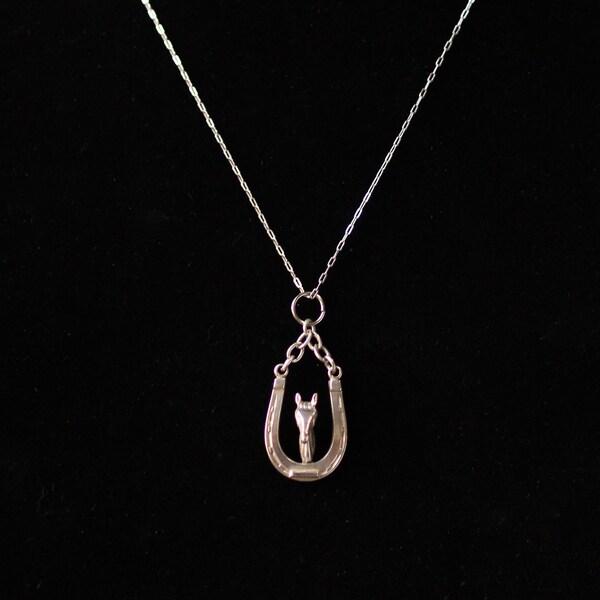 Vintage Sterling Silver Horse and Horseshoe Pendant Necklace 925 18 inches