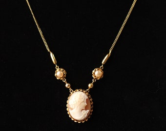 Vintage 1/20 12k Gold Filled Carved Shell Cameo Necklace with Faux Pearls and Twisted Border