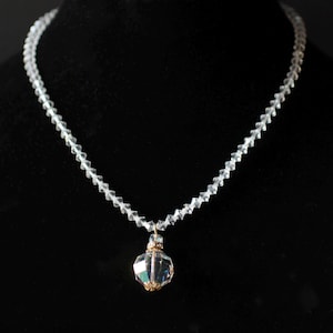Vintage Aurora Borealis Crystal Ball Faceted Pendant Necklace | Filigree Cap & Rhinestone Clasp
