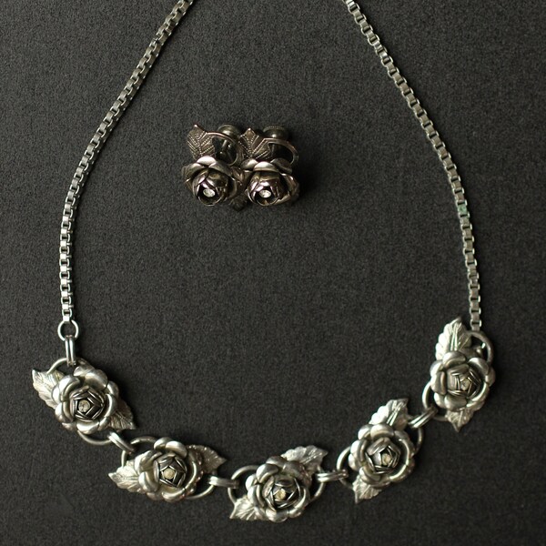 Vintage CORO Early Unsigned Cabbage Rose Silver Toned Demi Parure Set Necklace and Clip-On Earrings