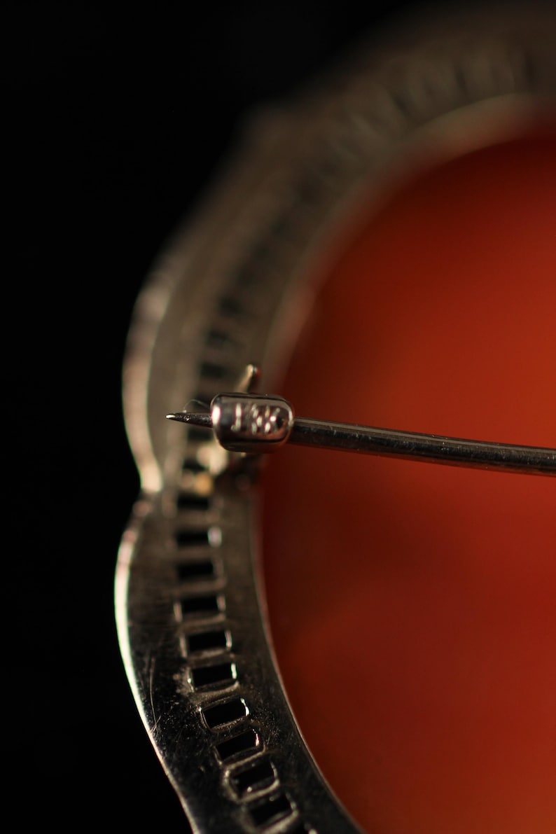May include: Close-up of a silver brooch with a red cameo and a pin marked "14K".