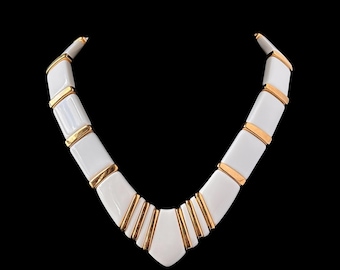 Vintage Napier White Lucite Chevron Necklace | Gold Tone Geometric Statement Collar 18 in