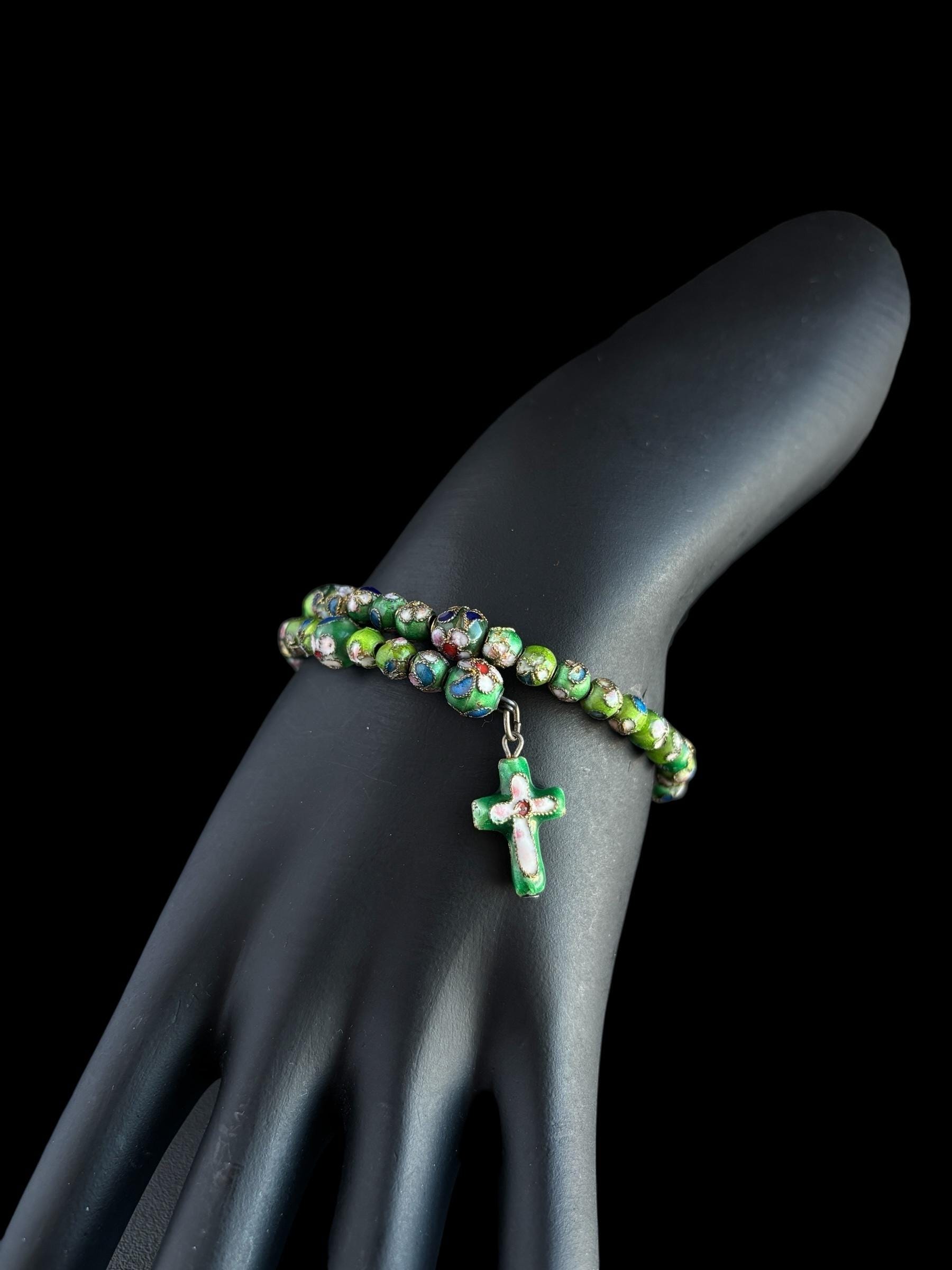 Vintage Green Cloisonné Bead Bracelet With Cross Charm | Religious