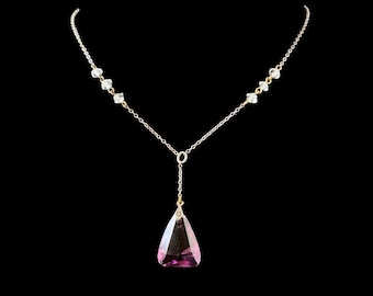 Antique Art Deco 12K Gold Filled Lariat Necklace | Amethyst Glass Drop, Crystal Accents