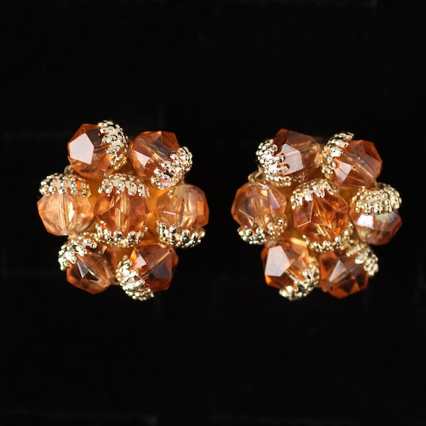 Vintage Western Germany Amber Plastic Beaded with Gold Tone Caps Clip On Earrings