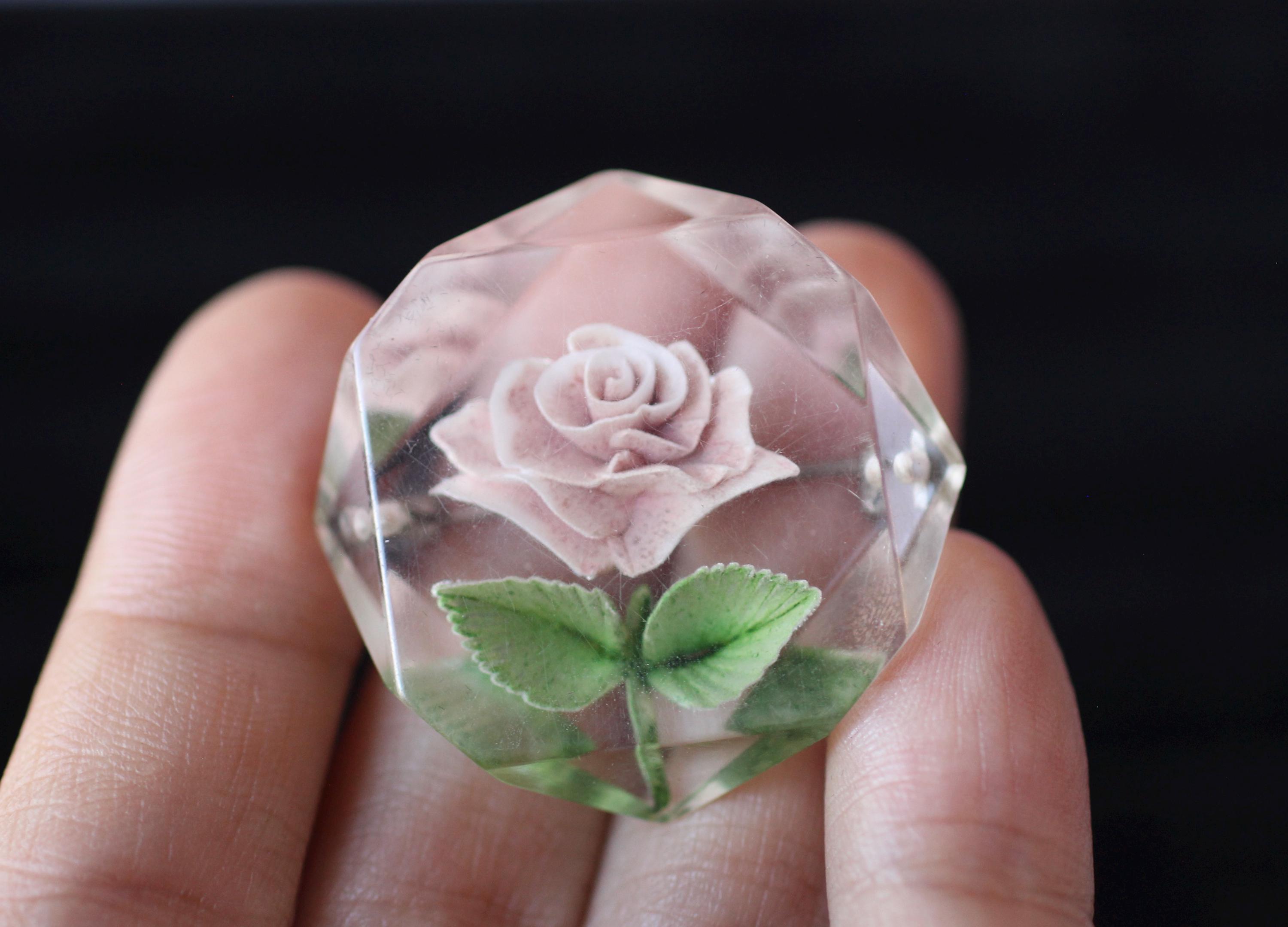 Vintage Reverse Carved Faceted Lucite Brooch With Light Lilac Rose