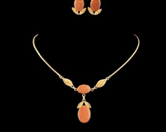 Vintage Van Dell Gold Filled Goldstone Necklace Earrings Jewelry Set – Leaf Detail