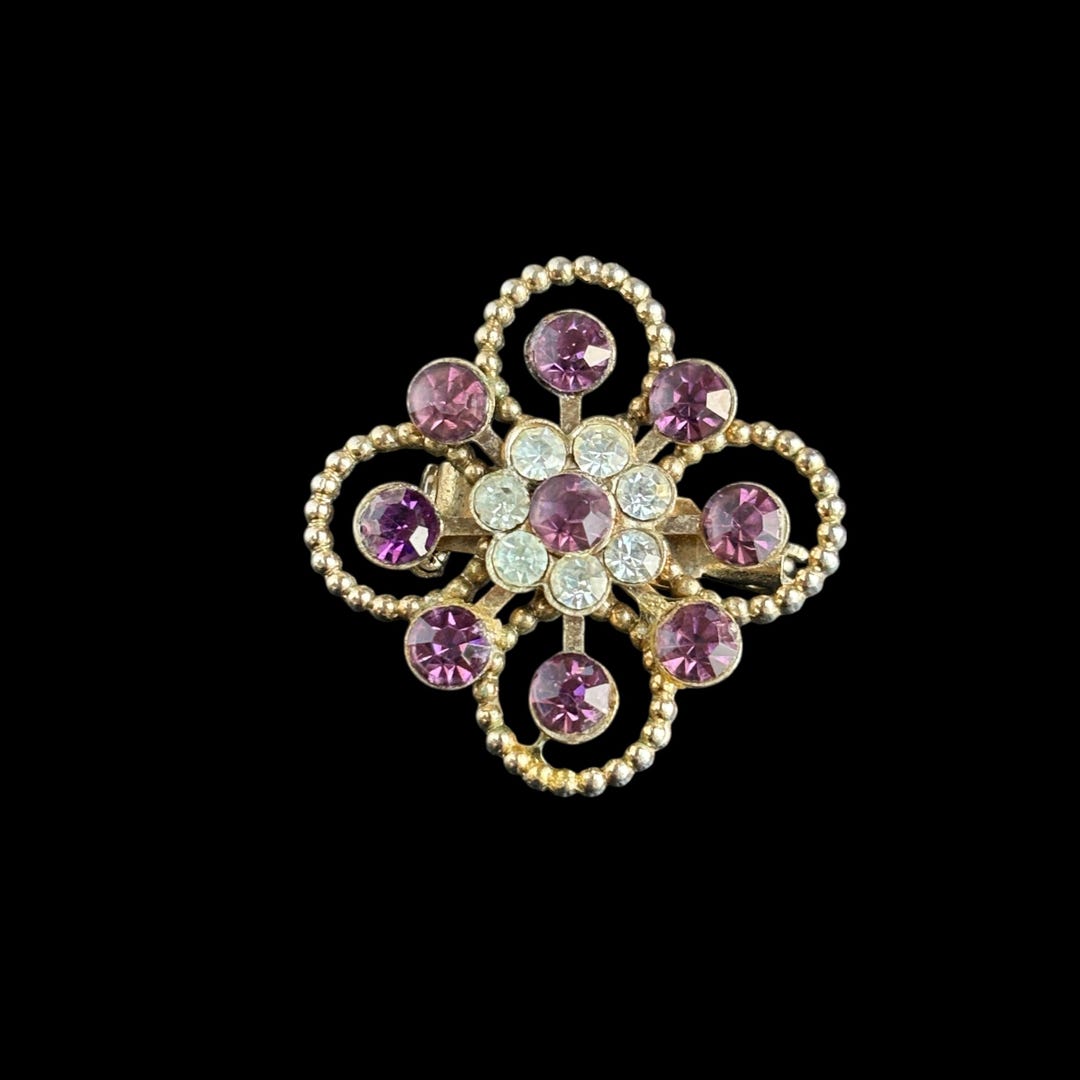 Vintage Gold Tone Starburst Rhinestone Pin – Amethyst & Clear Stones ...
