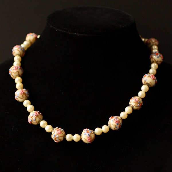 Vintage Italian Wedding Cake Murano Glass Cream Glass Beads with Faux Pearl and Barrel Clasp Necklace - 19 inches