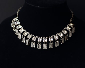 Vintage Art Deco Clear Crystal Silver Tone Dangle Fringe Choker Necklace - 15 inches