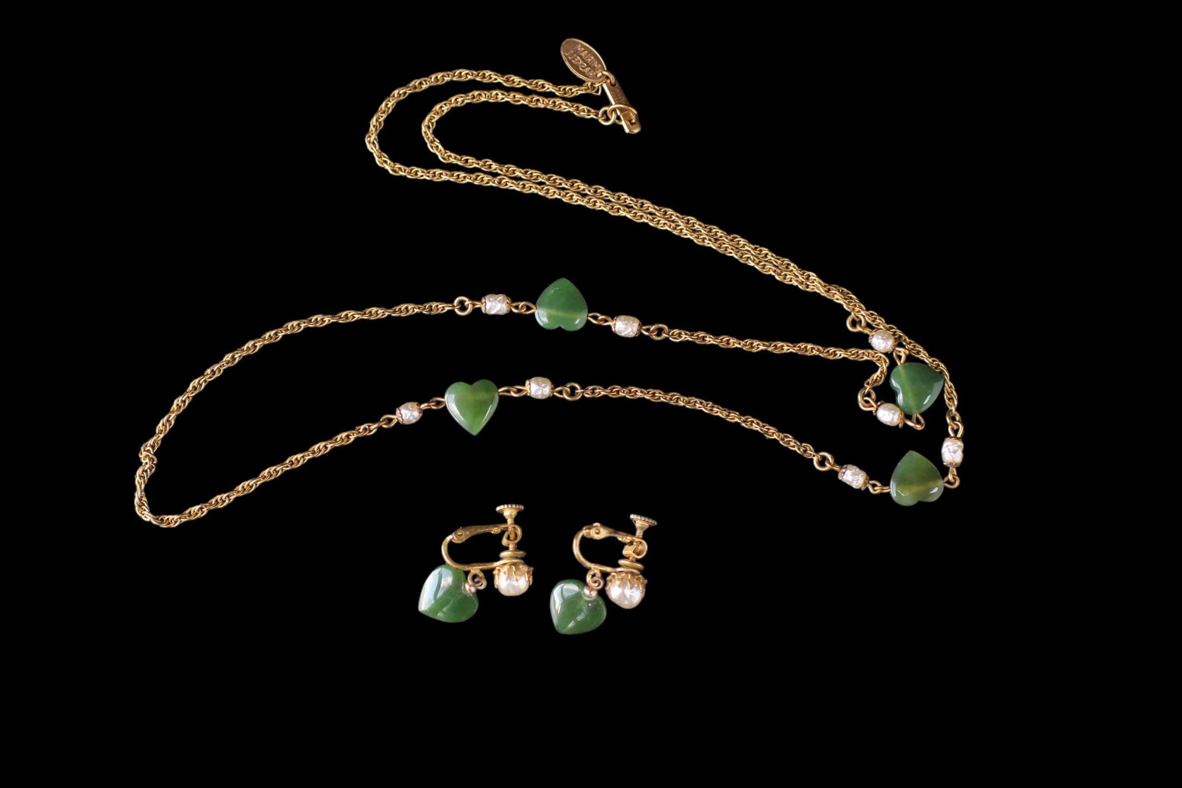 Vintage 1970s Miriam Haskell Jade Nephrite Heart and Baroque Pearl