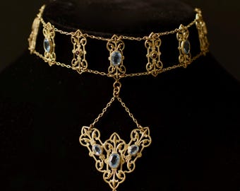 Antique Austro-Hungarian Gold Gilt Choker: Victorian Paste Glass Necklace