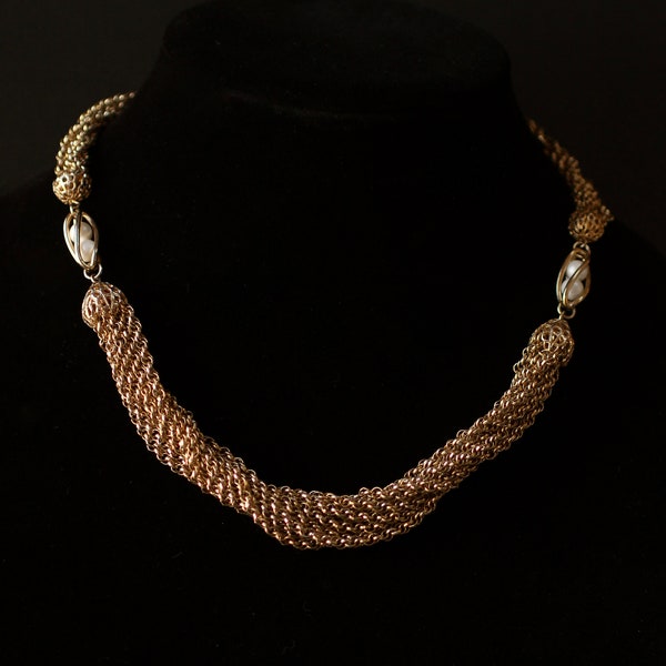Vintage HOBE Couture Gold Tone Twisted Necklace with Cage Pearls and Filigree - Designer