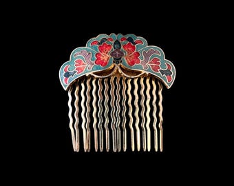 ヴィンテージ七宝焼きヘアコーム｜ティールブルーのエナメル花柄デザイン｜シルバートーン｜2インチ