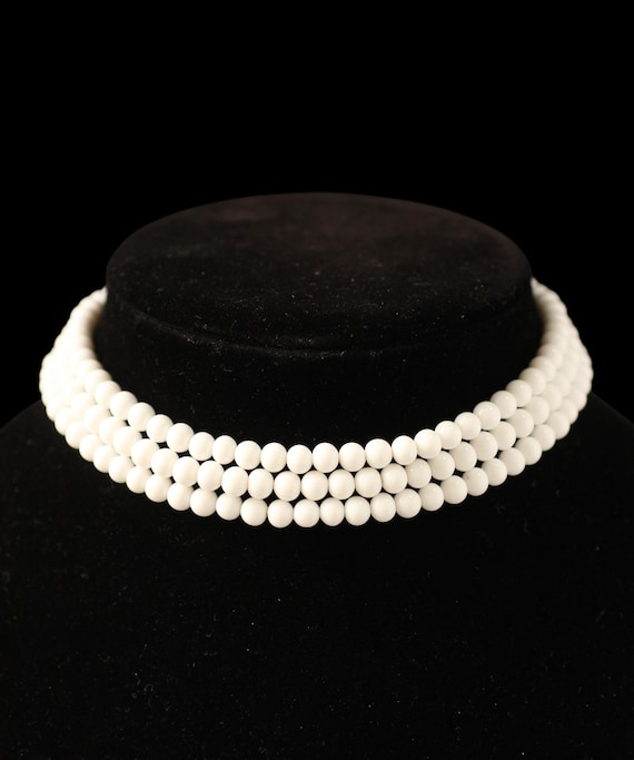 Vintage Three-strand Milk Glass Bead Choker Necklace – Signed