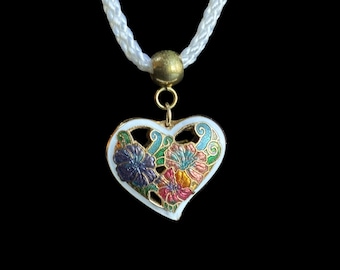Vintage bloemen cloisonné hart hanger ketting - 25 inch touwketting