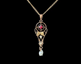 Antique Art Nouveau 10K Gold Lavaliere Necklace Red Paste Pearl 16 Inch