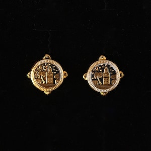 Vintage Spanish Toledoware Night Stars Moon and Palm Tree Gold Tone Hook Earrings