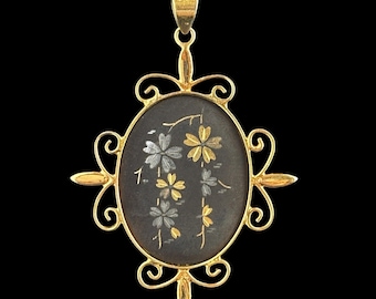 Vintage Japanese Amita Damascene Cherry Blossom Pendant Necklace