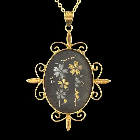 Vintage Japanese Amita Damascene Cherry Blossom Pendant Necklace