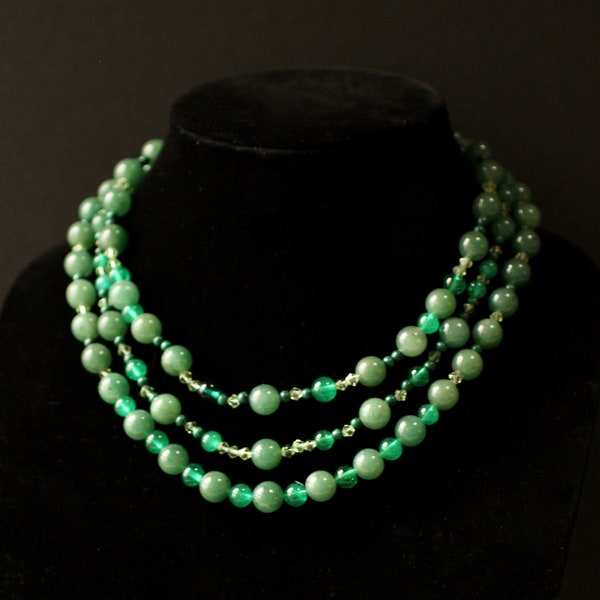 Vintage Green Jade Nephrite and Malachite Gemstone Beaded 3 Strand Necklace with Sterling Silver Box Clasp - 17 inches