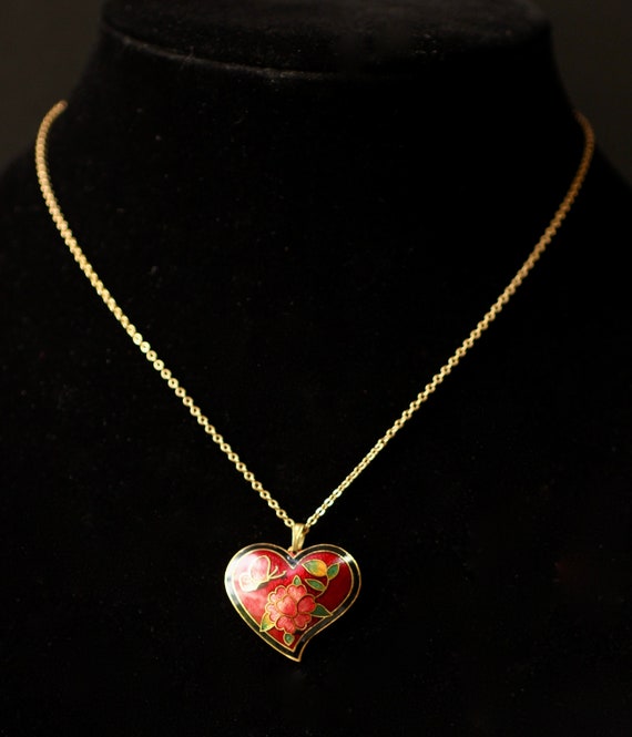 Vintage Cloisonné Heart Gold Tone Pendant Necklac… - image 1