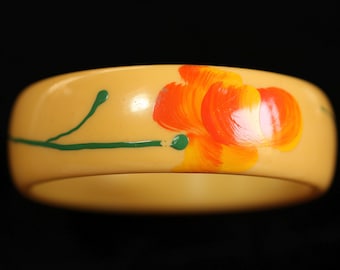 Vintage Bemalter Bakelit Gelb Butterscotch Armreif mit Blumen Armband - Größe 8