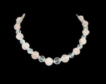 Vintage Carved Rose Quartz & Clear Crystal Bead Necklace with 14K White Gold Clasp