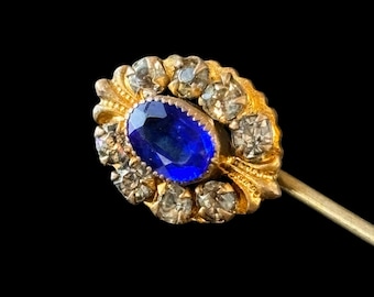 Alfiler antiguo de cristal de zafiro tono dorado