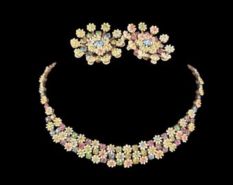 Ensemble collier floral et boucles d'oreilles clip Leru vintage, ensemble de bijoux marguerite strass pastel