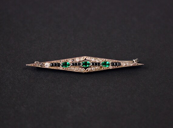 1920s Art Deco Sterling Silver Brooch with Green,… - image 1