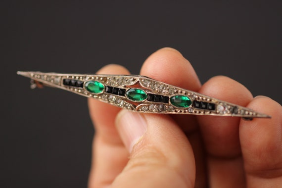 1920s Art Deco Sterling Silver Brooch with Green,… - image 9