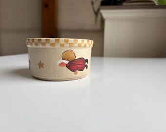 Plato vintage pequeño de gres Roseville pintado a mano con ángeles para comida y agua de mascotas, perros y gatos